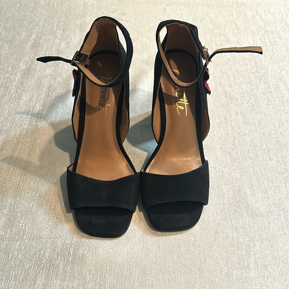 Nanette Lepore Open Toe Suede Strap Flower Block Heels